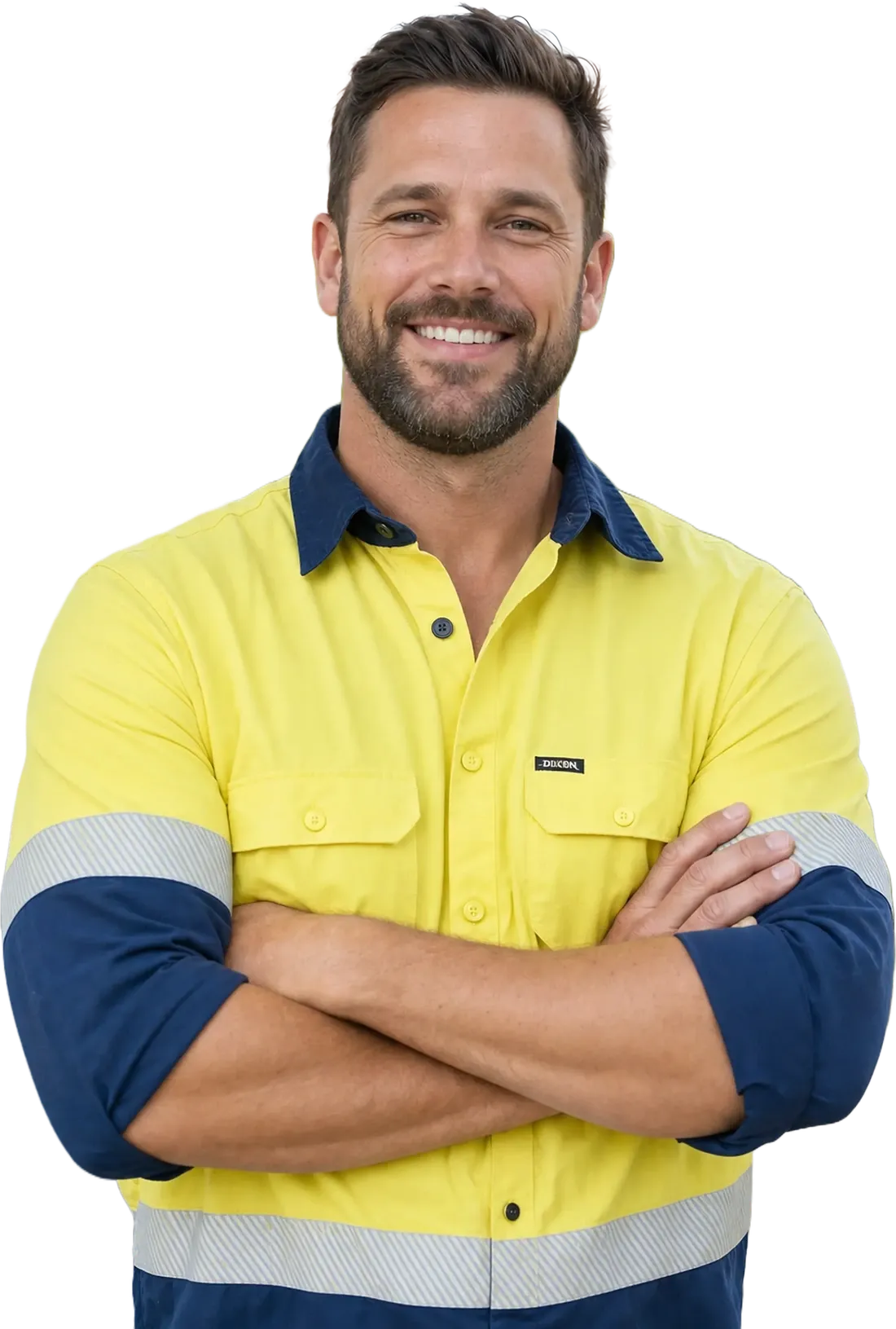 A smiling worker in hi-vis with arms crossed